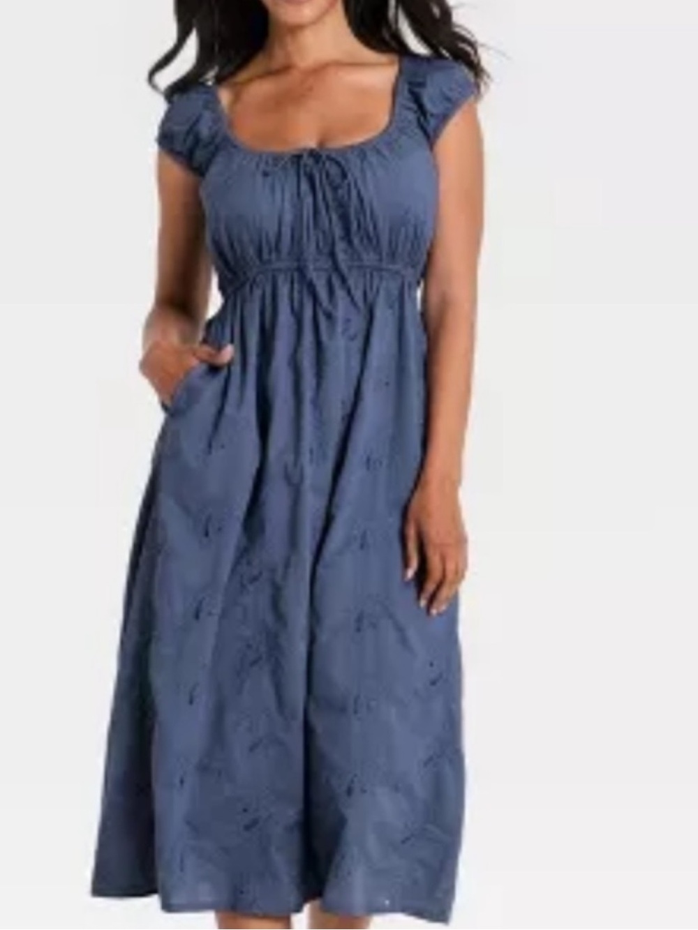 Universal Thread NWOT M SLATE Blue Eyelet embroidery paisley Smocked midi dress